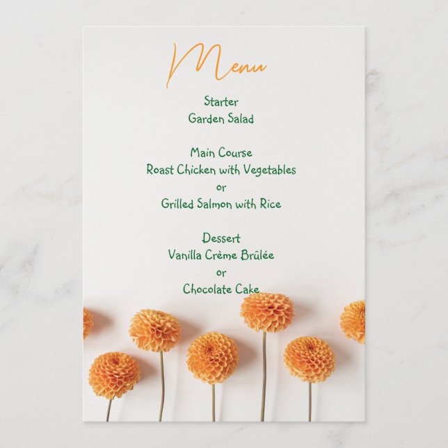 Orange Dahlia Wedding Menu – Warm Floral Elegance (Anverso)
