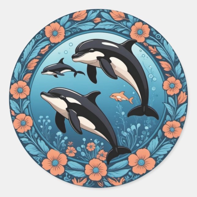 Orca Cute Pod Nadando con Pegatina de flores (Anverso)