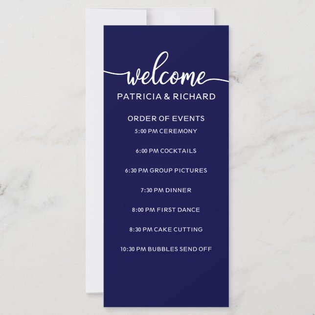Orden de Eventos de Boda Chic Azul Marino y Blanco (Anverso)
