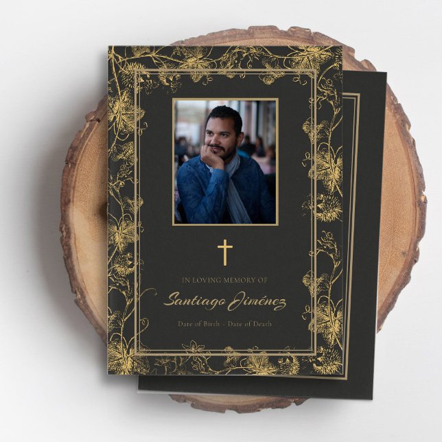 Orden de servicio Celebración de la Vida Funeral (Funeral program with gold vine and photo, order of service, in loving memory, celebration of life)