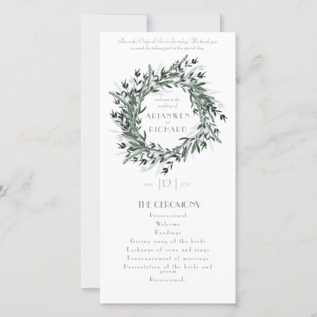 Orden del servicio, Greenery #1, detalles del boda (Anverso)