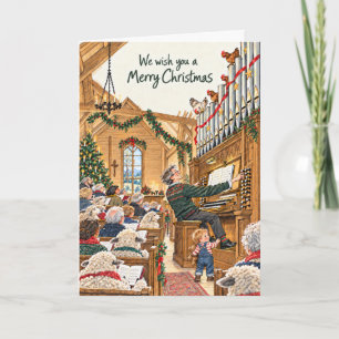 Organista y ovejas – divertida tarjeta de Navidad