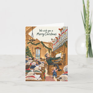 Organista y ovejas: divertida tarjeta de Navidad p