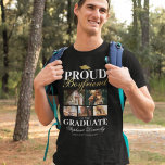 Orgulloso novio de la camiseta graduada<br><div class="desc">Ceremonia de graduación camiseta negra y dorada con un mortero de graduados,  5 fotos para que las reemplace con la suya,  el dicho "orgulloso novio del graduado",  su nombre,  lugar de estudio y año de clase.</div>