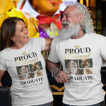 Orgulloso padre de la camiseta graduada<br><div class="desc">Muestra tu orgullo y alegría mientras tu hijo se gradúa con nuestras camisetas especialmente diseñadas para la ceremonia de graduación en blanco y oro. Estos artículos hechos a medida, completados con un diseño clásico de morteros de grado, cinco fotos personales, la atrevida declaración 'orgulloso padre del graduado', y personalizado con...</div>