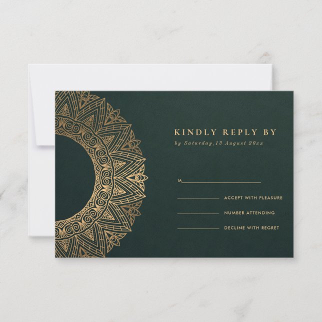 ORNADO CLÁSICO DE ORO VERDE MANDALA WEDDING RSVP (Anverso)
