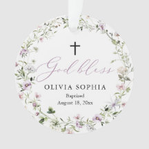 Ornamento acrílico de bautismo Chica morado de flo