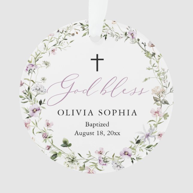 Ornamento acrílico de bautismo Chica morado de flo (Anverso)