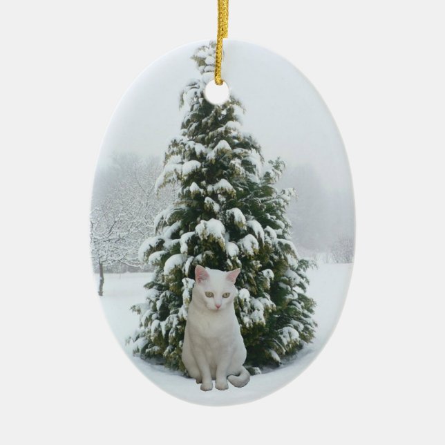 Ornamento blanco del navidad del gatito (Frente)