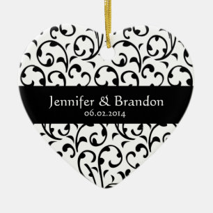 Ornamento blanco y negro de la boda del damasco