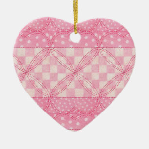 Ornamento cardíaco cerámico de PINK HEART QUILT
