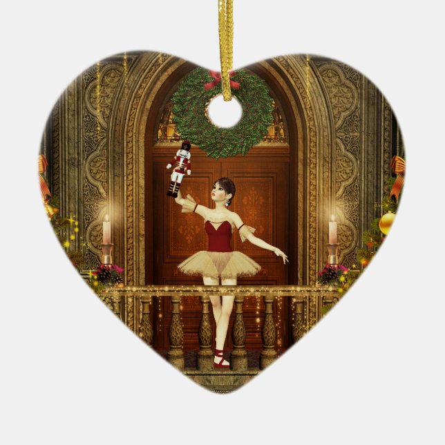 Ornamento cardíaco de Navidades Ballerina y Nutcra (Frente)