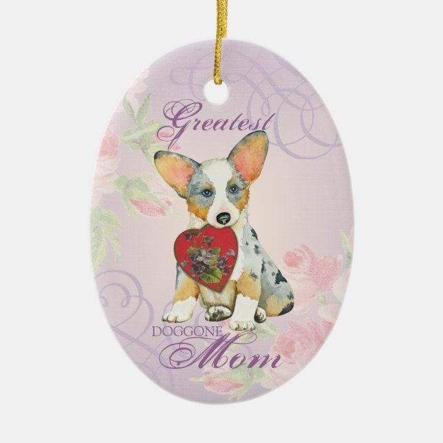 Ornamento cerámico Cardigan Welsh Corgi Heart Mom (Frente)