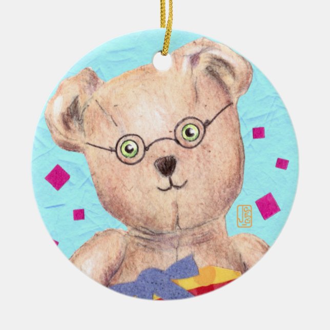 Ornamento cerámico de cumpleaños de Oso de Teddy c (Frente)