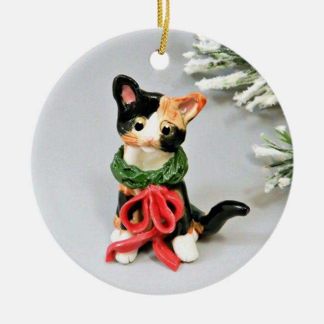 Ornamento cerámico de festividad de Cat Calico (Frente)