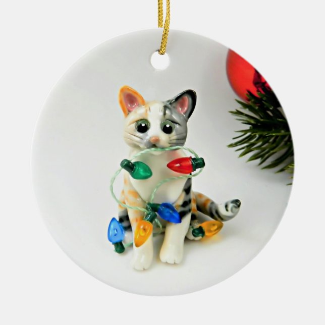Ornamento cerámico de festividad de Cat Calico Tab (Frente)