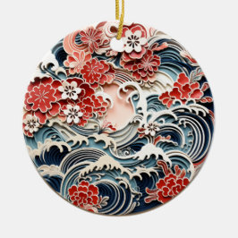 Ornamento cerámico de flores y olas japonesas