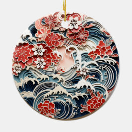 Ornamento cerámico de flores y olas japonesas