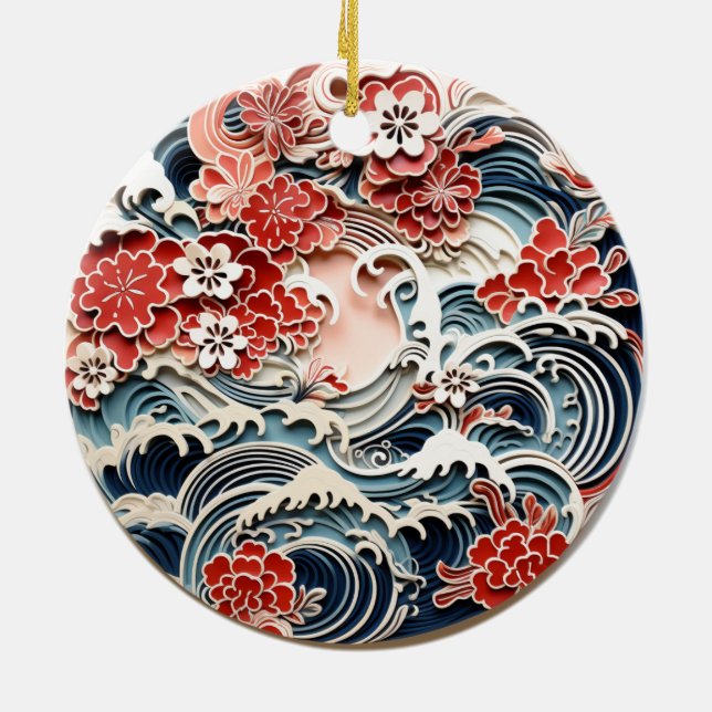 Ornamento cerámico de flores y olas japonesas (Atrás)