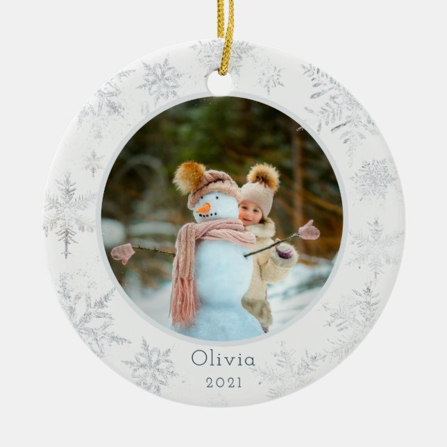 Ornamento cerámico de foto de copo de nieve de pla (Frente)