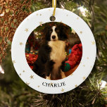 Ornamento cerámico de fotografía de perro personal<br><div class="desc">Este elegante adorno navideño mascota está decorado con estrellas doradas. Fácil personalizable con la foto y el nombre de su mascota.</div>