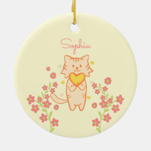 Ornamento cerámico de gato y corazón de flor suave