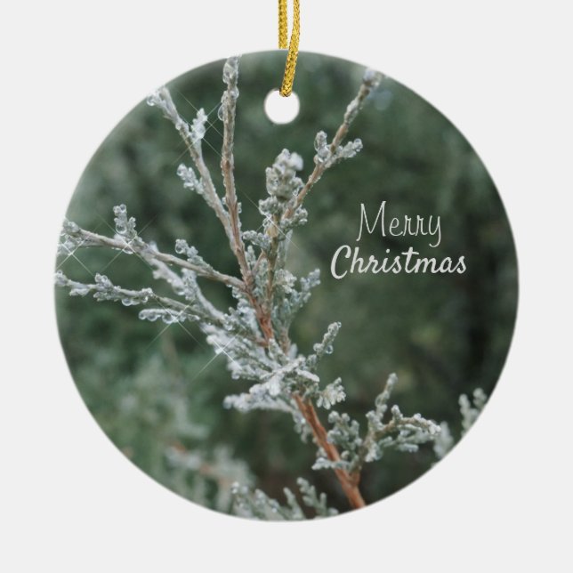 Ornamento cerámico de Juniper de Feliz Navidad (Frente)