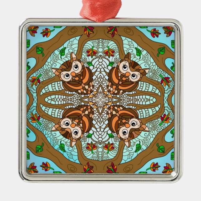 Ornamento cerámico de Owl Mandala dibujado a mano (Frente)