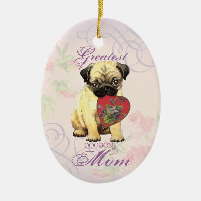 Ornamento cerámico de pug Heart Mom (Frente)