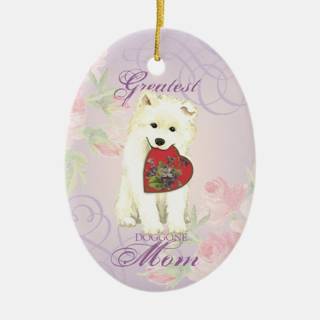 Ornamento cerámico de Samoyed Heart Mom (Frente)