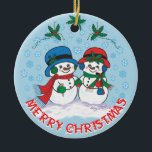 Ornamento cerámico de Snowman<br><div class="desc">¡Este es un único "Uno de bondad" adorno navideño de Snowman! Sr. Y la Sra. Frosty El Hombre de Nieve está dando un paseo mágico por Navidades a través de un Snowy Winter Wonderland! Pintura original Bella Artes del artista Kerry Miller.</div>
