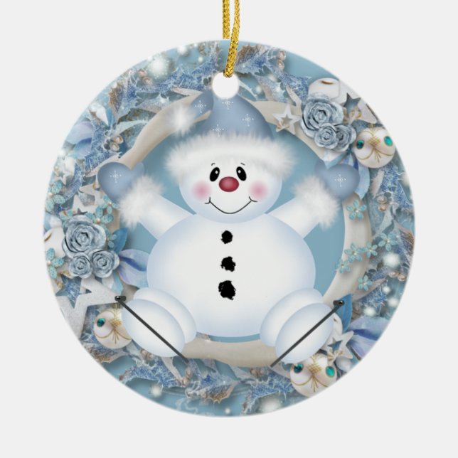 Ornamento cerámico de Snowman azul (Frente)