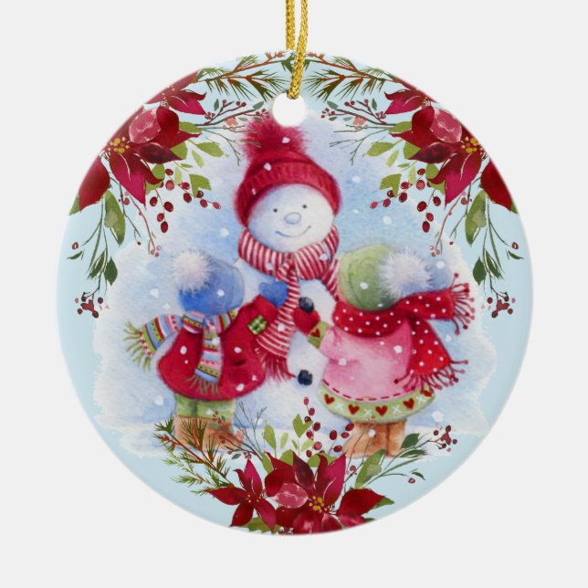 Ornamento cerámico de Snowman y niños sonrientes (Frente)