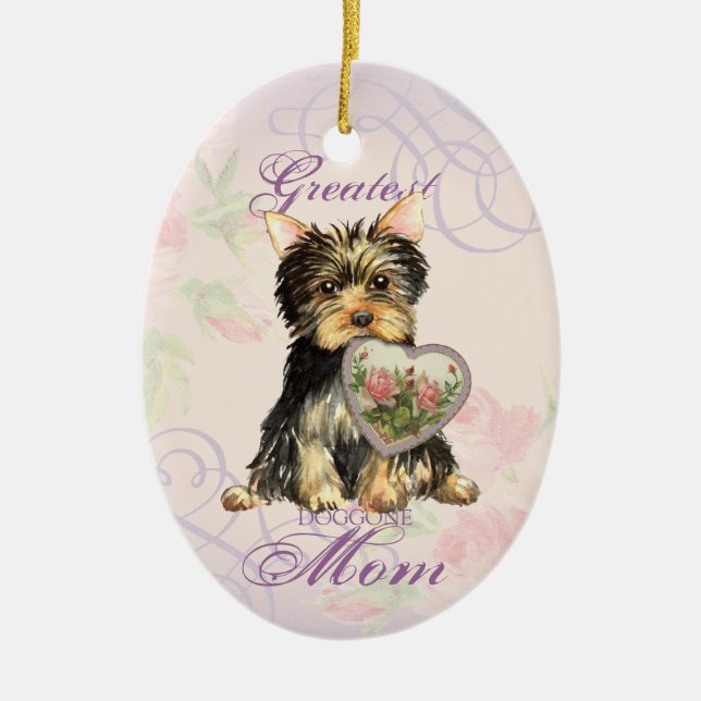 Ornamento cerámico de Yorkie Heart Mom (Frente)
