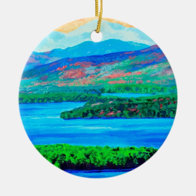 Ornamento cerámico en el lago y las montañas, arte (Frente)