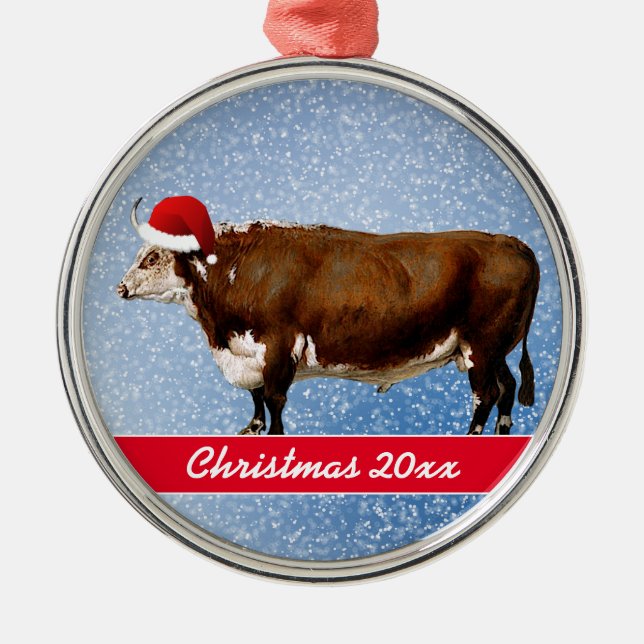 Ornamento cerámico Hereford Bull y Santa Hat (Frente)