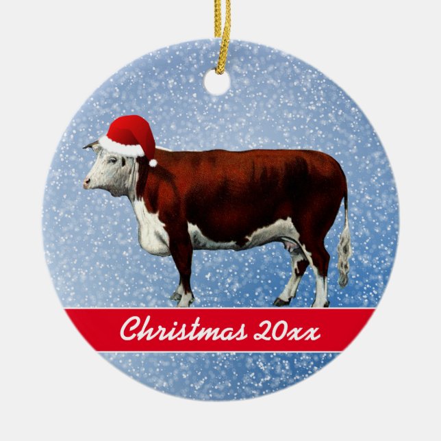 Ornamento cerámico Hereford Cow y Santa Hat (Frente)