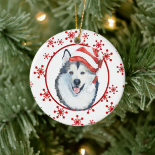 Ornamento cerámico Malamute Santa Hat Snowflake