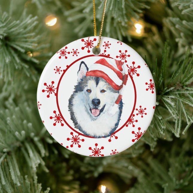 Ornamento cerámico Malamute Santa Hat Snowflake (Árbol)
