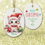 Ornamento cerámico para niños de gatitos de Santa<br><div class="desc">En la parte delantera de este adorno cerámico para un niño hay un gatito de tabby adorable con un sombrero de Santa. A su lado está un grupo de decoraciones de bombillas de árboles de colores vivos. La parte trasera del adorno tiene un mensaje de Feliz Navidad, el nombre de...</div>