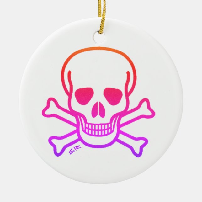 Ornamento cerámico redondo blanco de Neon Skull (Frente)