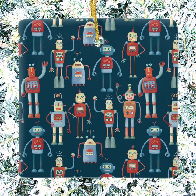 Ornamento cerámico retro de robots vintage (Retro robot Christmas ornament)