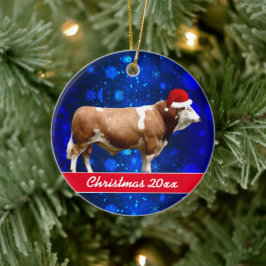 Ornamento cerámico Simmental Bull y Santa Hat