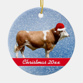 Ornamento cerámico Simmental Bull y Santa Hat