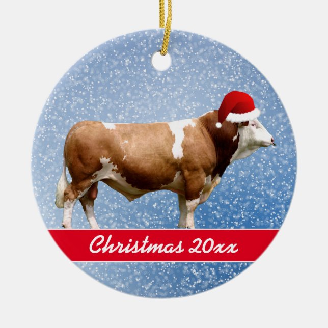 Ornamento cerámico Simmental Bull y Santa Hat (Frente)
