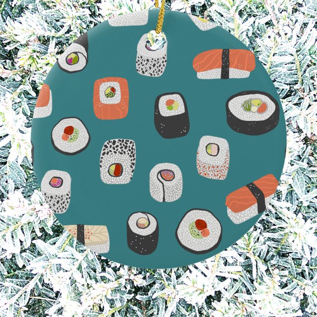 Ornamento cerámico Verde azulado de sushi (Japanese sushi pattern Christmas ornament)