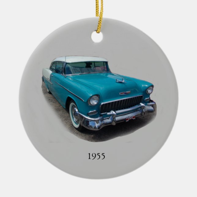 Ornamento clásico de autos azul y blanco de 1955 (Frente)