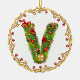 ornamento con monograma inicial del navidad de V -