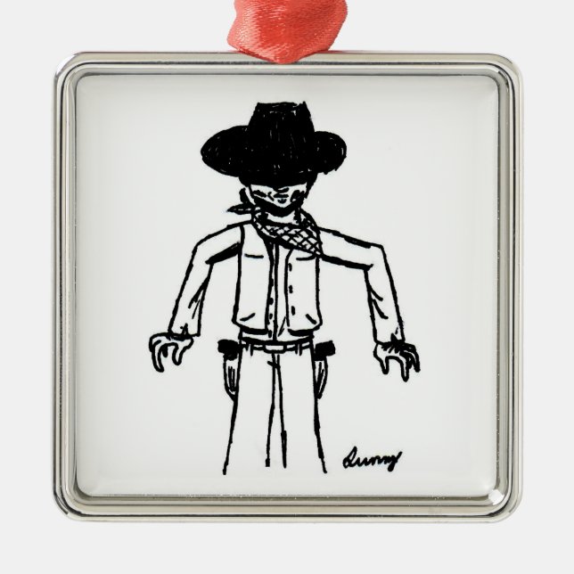 Ornamento cuadrado de esbozo de Cowboy (Frente)
