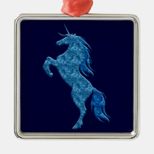 Ornamento cuadrado de unicornio de fuego azul